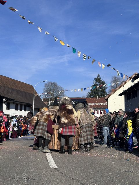 Gruppe der Bütte Häxe in Fell und Karostoff mitten im Umzug